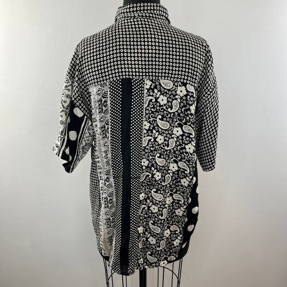 VTG SPORTIQUE Black White Mixed Print Short Sleeve Button Down Shirt Size S NEW - Picture 4 of 6